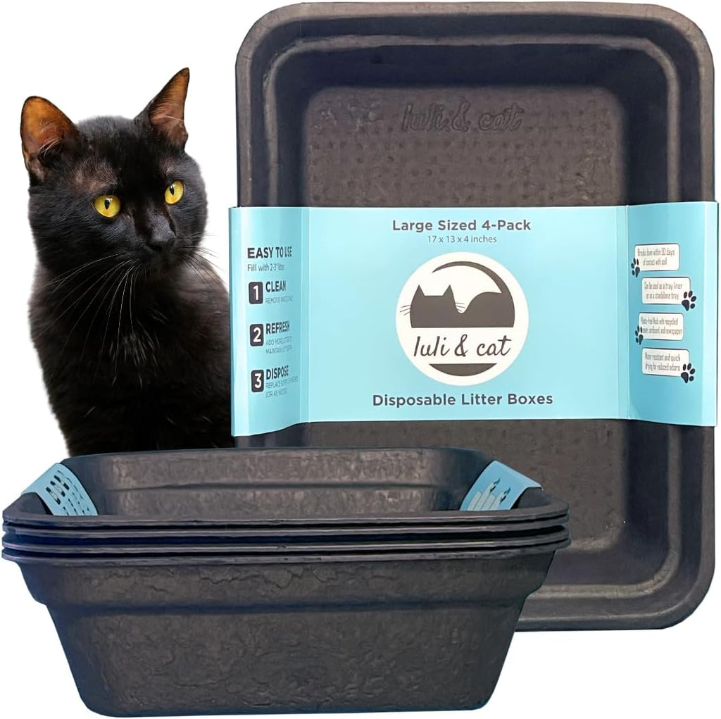 Luli & Cat Disposable Litter Boxes for Cats | Large Sized 4-Pack | Durable and Water Resistant
