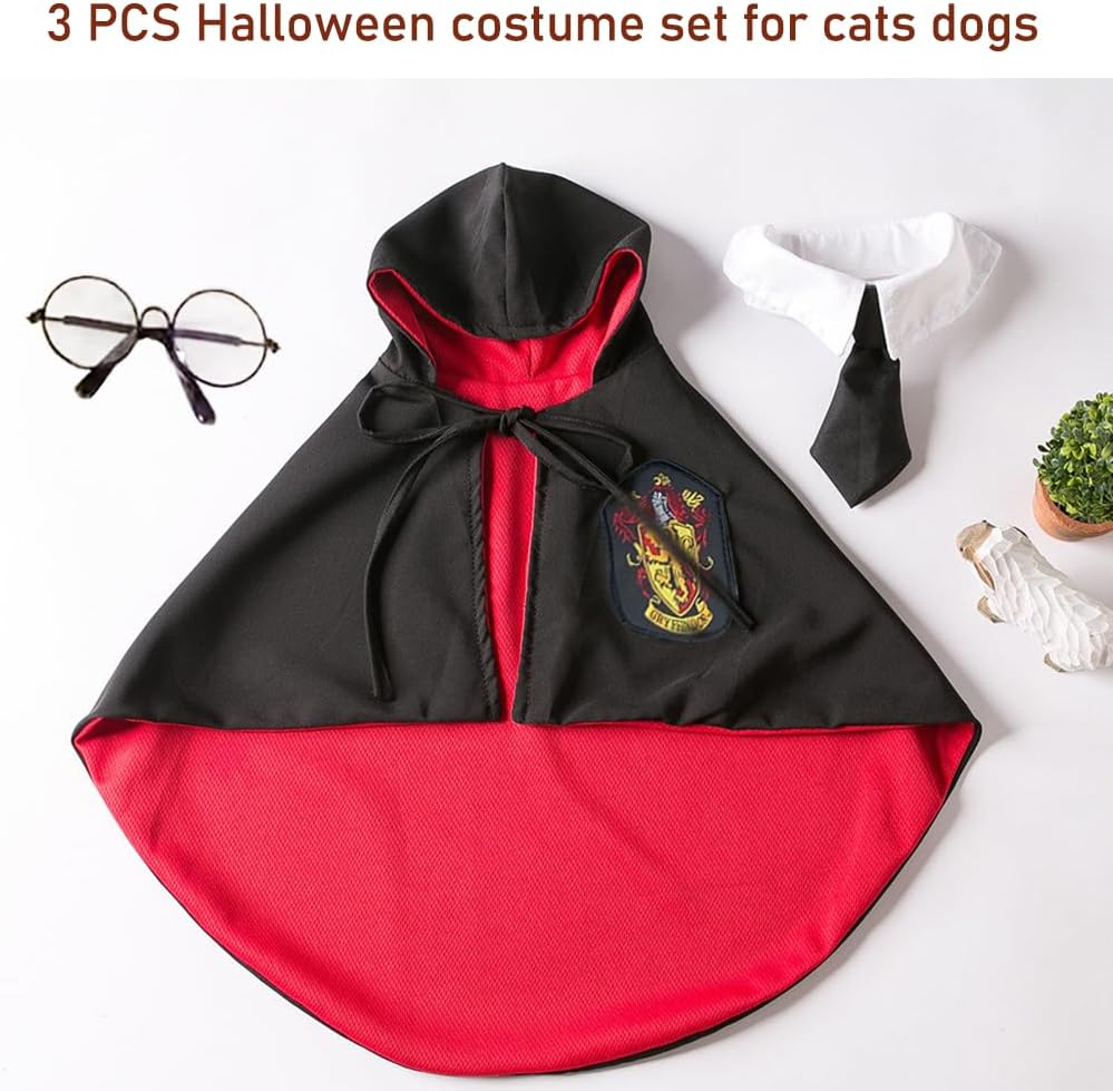 ANIAC 3PCS Halloween Dog Costume Cat Wizard Cape Glasses and Necktie Set Halloween Puppy Outfit Pet Academy Magician Cos