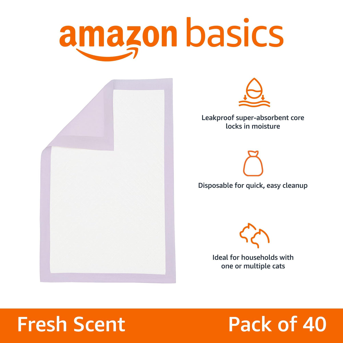 Amazon Basics Cat Litter Pee Pads, Odor Control with Fresh Scent, Super Absorbent, Disposable, Universal Fit Litter Box, Purple and White, 40 Count