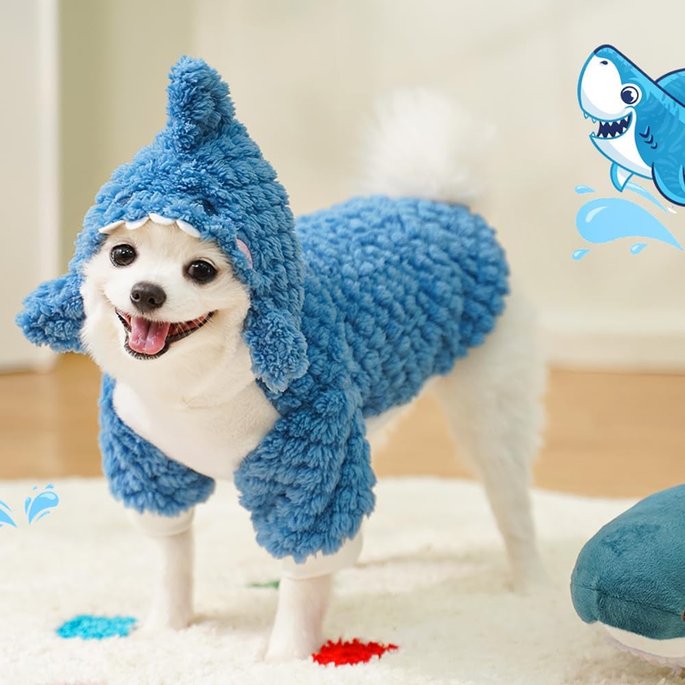 Dog Shark Costume Funny Pet Hoodies for Small Dogs Fleece Puppy Sweatshirt with D-Ring Winter Chihuahua Clothes Cold Wea