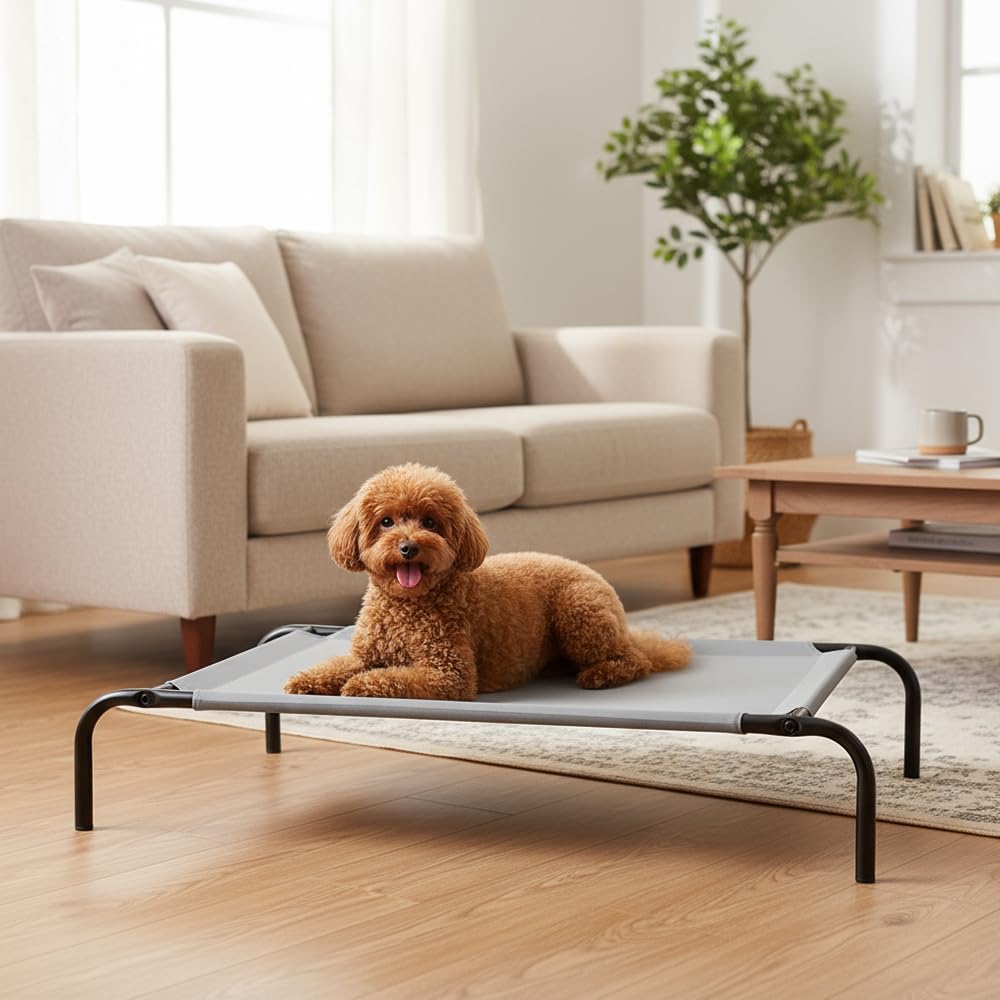 Amazon Basics Cooling Breathable Elevated Dog Bed with Durable Metal Frame, Medium, 43 x 26 x 7.5 Inch, Grey, Easy to As