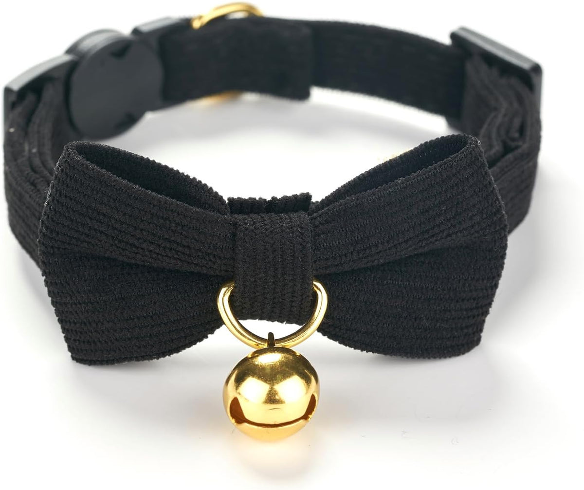 Breakaway Cat Collar with Bow Tie and Bell Adjustable Soft Corduroy Pink Kitten Collars for Girl Cats