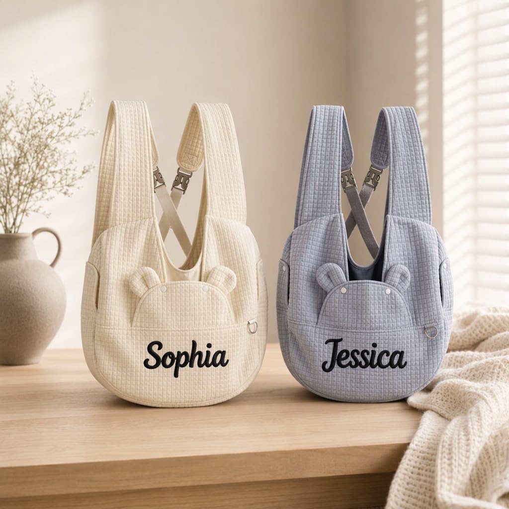 Name Pet Front Carrier Backpack, Personalized Waffle Puppy Sling Bag for Small Dogs & Cats（Off White）