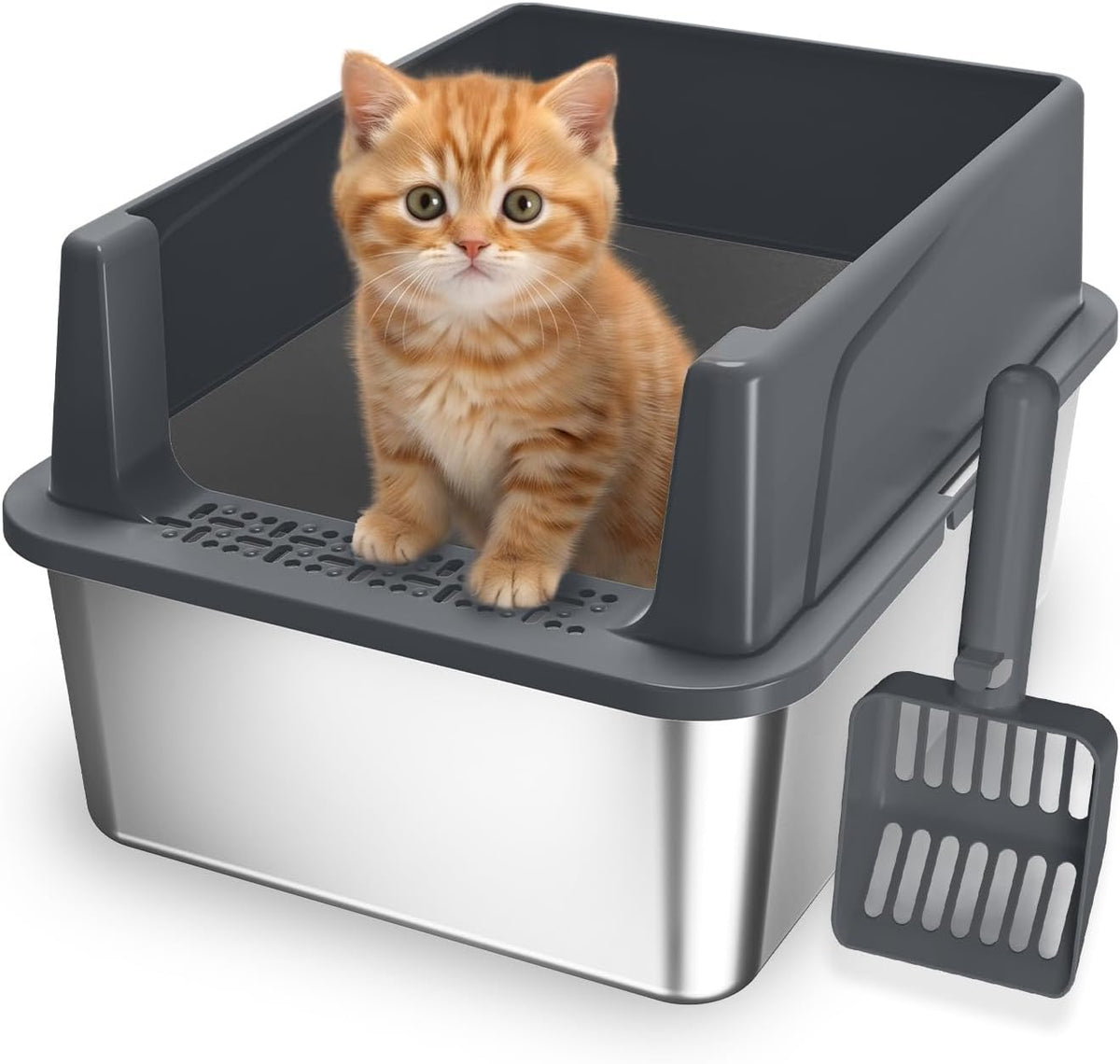 AIPERRO Stainless Steel Litter Box with Lid | XL Metal Enclosed Cat Litter Boxes with High Sided for Big Cats | Anti-Uri