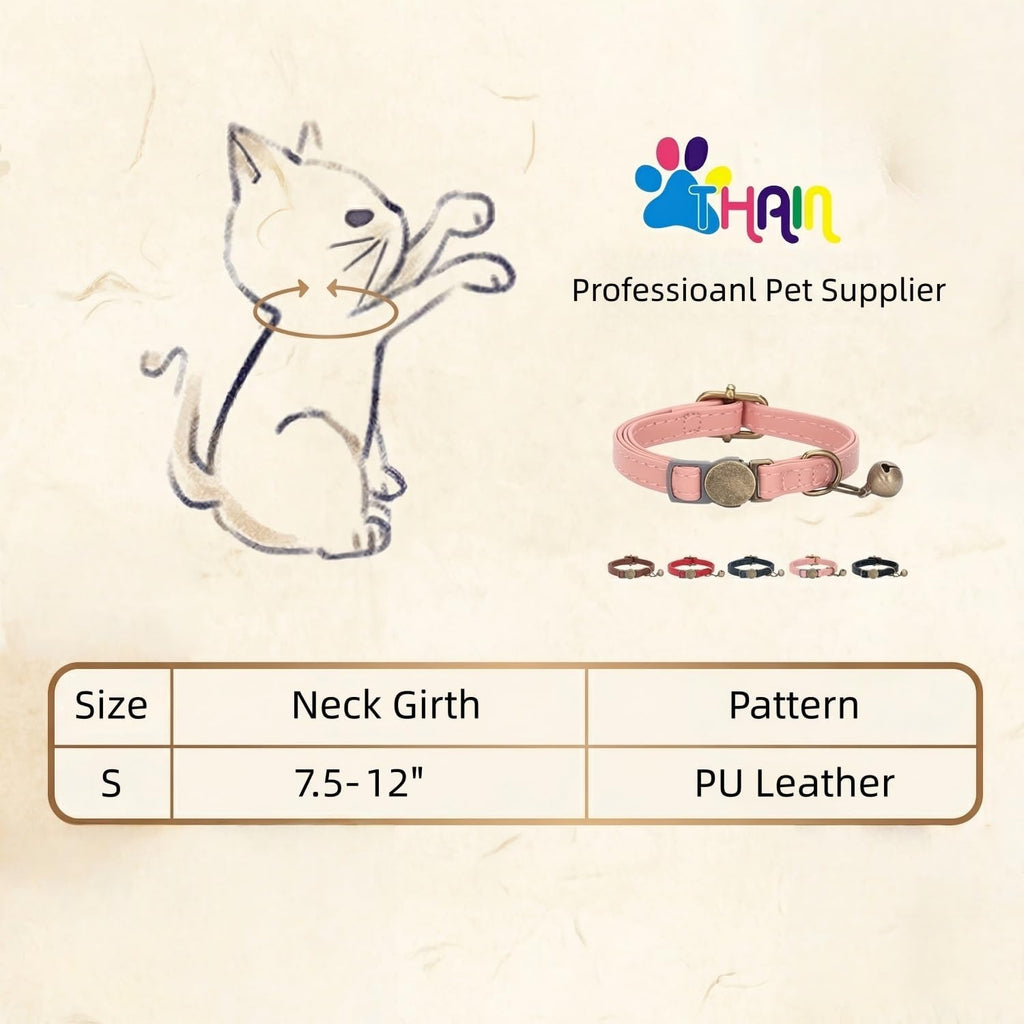 THAIN Leather Cat Collar with Bell Breakaway- Adjustable, Durable, Retro Bell fit Most Cats and Kittens (Brown)