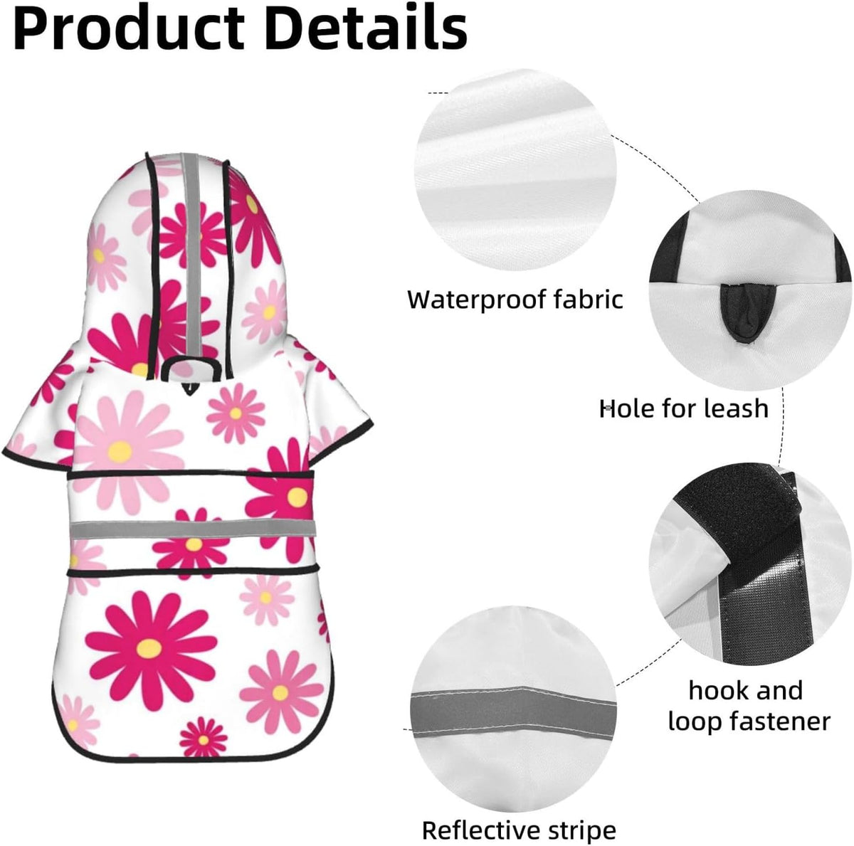 Pink Daisy Floral Pattern Dog Raincoat with Hood, Reflective Strips, Leash Opening, Water Resistant Large