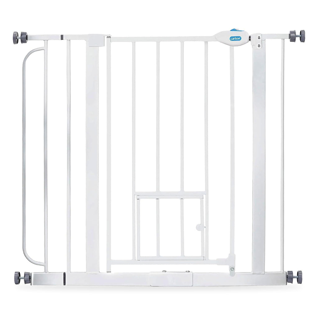 Carlson 29–36.5" Extra Wide Walk-Thru Dog Gate with Small Pet Door, White