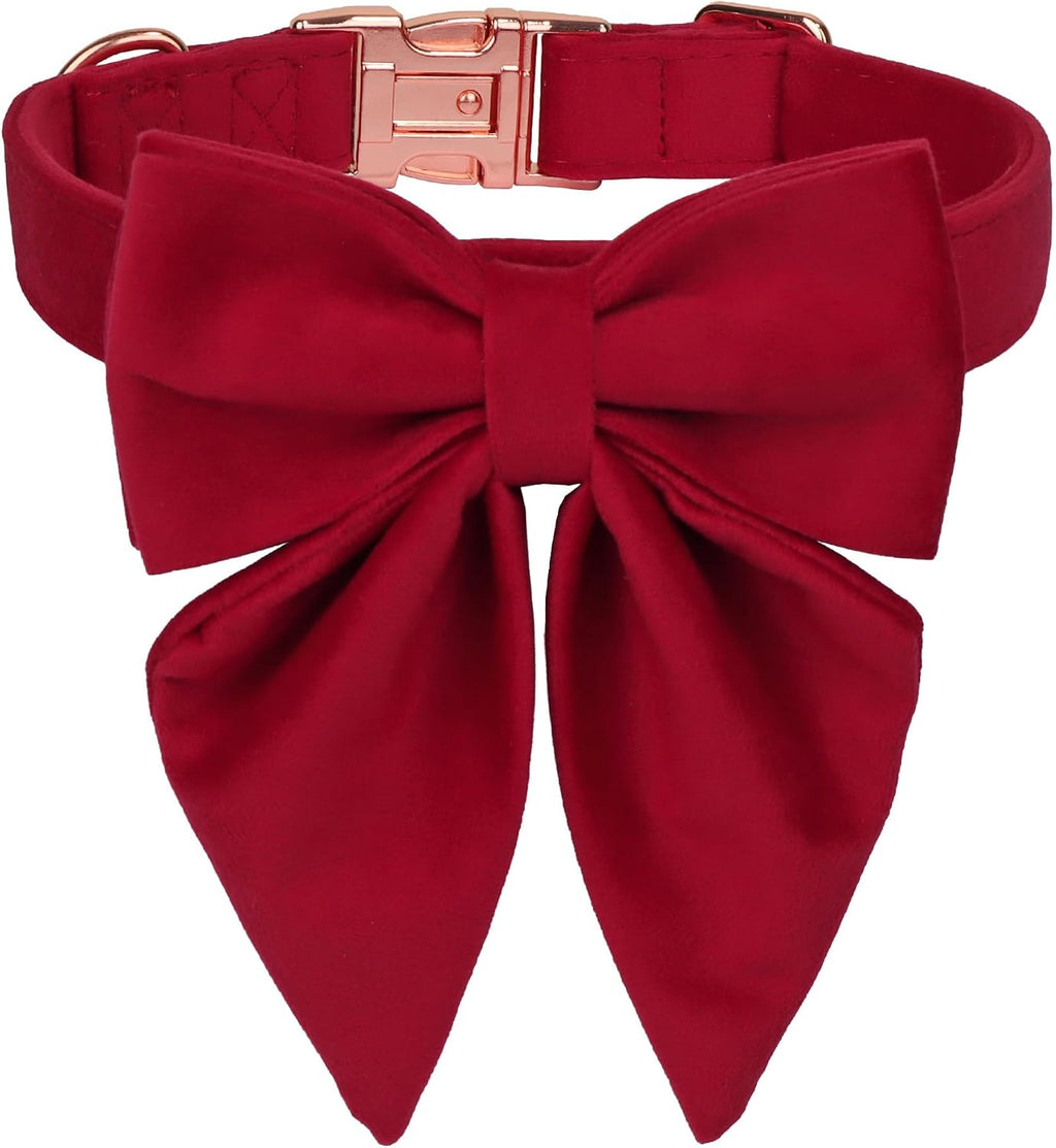 PTDECOR Velvet Dog Collar, Red Christmas Dog Collar with Bowtie, Small