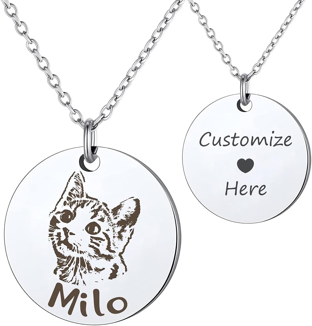 Anavia Customized Pet Portrait & Name Necklace, Personalized Pet Gifts Photo Engraved Necklace, Pet Memorial Jewelry Gif