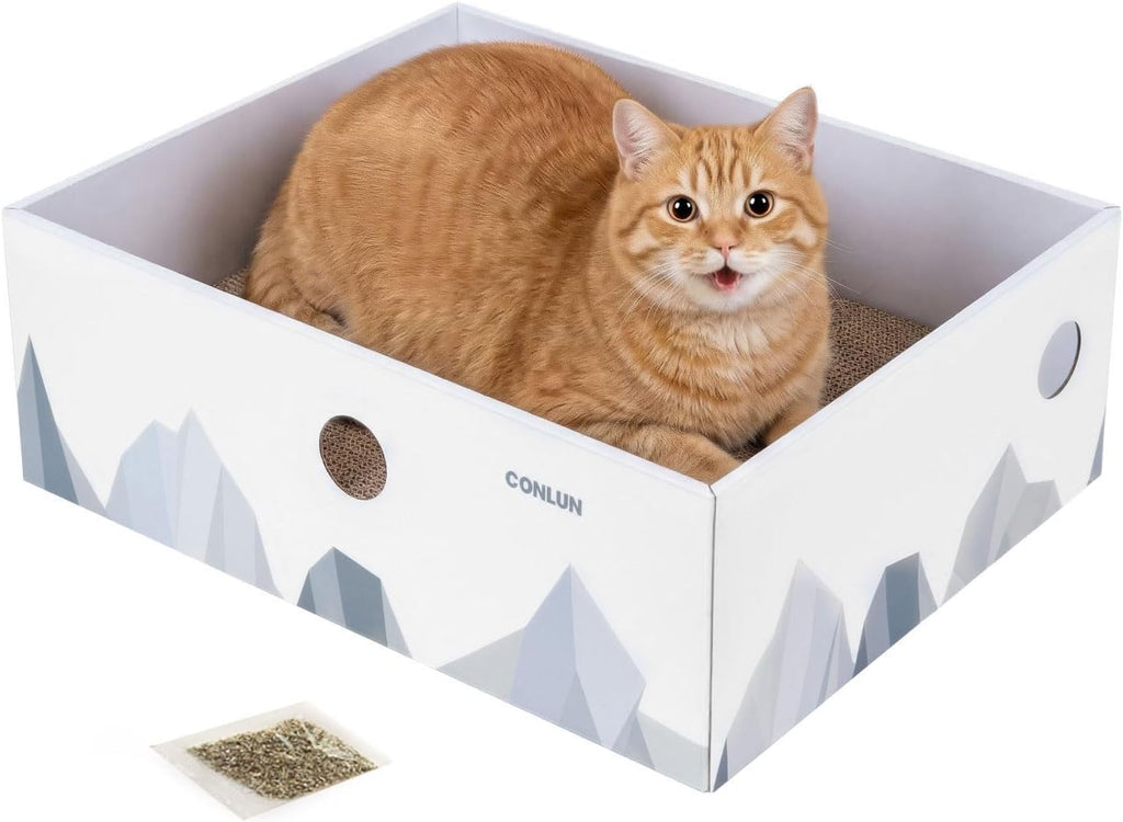 Conlun Cat Scratcher Box, Cardboard Pad, Bed for Indoor Cats, White