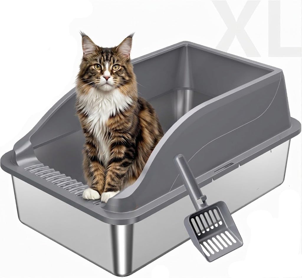 Stainless Steel Cat Litter Box, Extra Large XL Metal LitterBox, Light Grey
