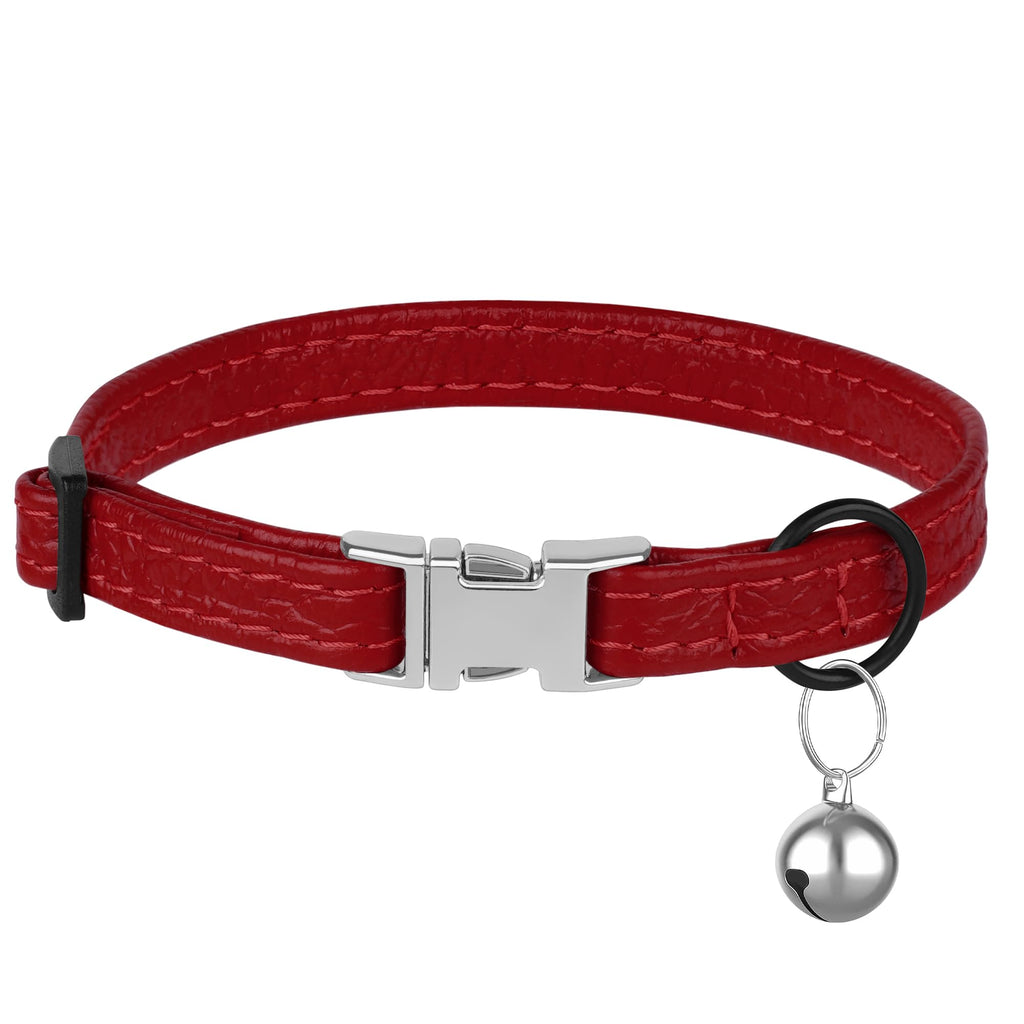 Leather Cat Collar with Buckle and Removable Bell - Non Breakaway Adjustable Soft Safety Small Pet Collars for Girl Boy Cats Kitten (Red)