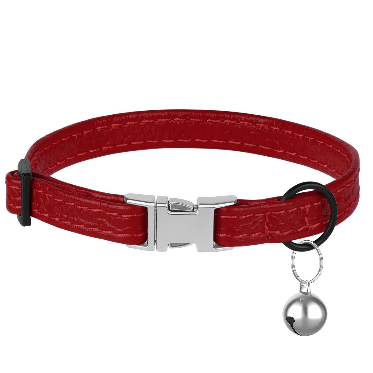 Leather Cat Collar with Buckle and Removable Bell - Non Breakaway Adjustable Soft Safety Small Pet Collars for Girl Boy Cats Kitten (Red)