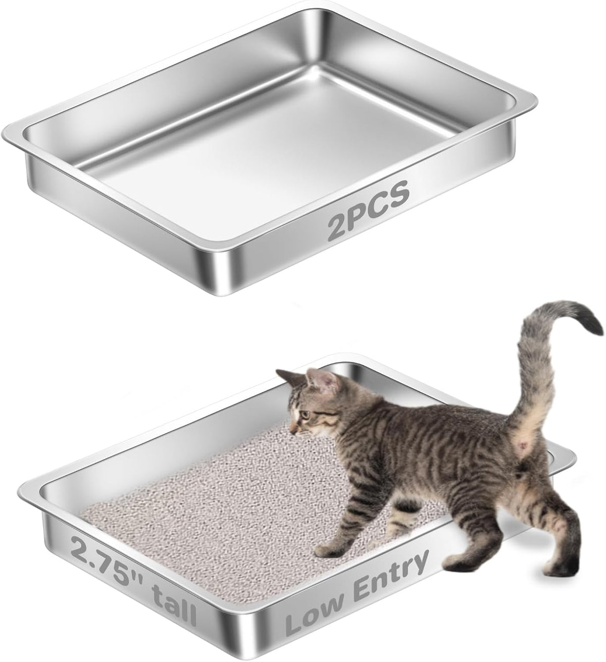 Low Entry Stainless Steel Cat Litter Box for Kittens Small cat, Metal Shallow Kitty Litter Box, Easy Access Kitty Litter