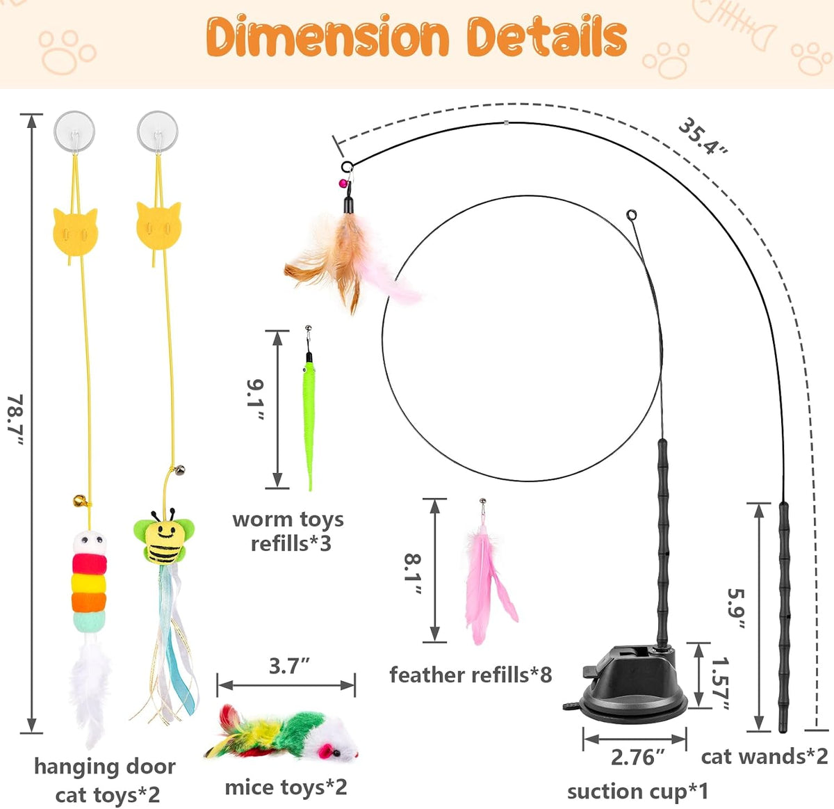 Cat Wand Toy, 15 Pcs Interactive Cat Feather Toys for Indoor Self Play & Exercise, 2 Play Modes Kitten Teaser Wand, Reus