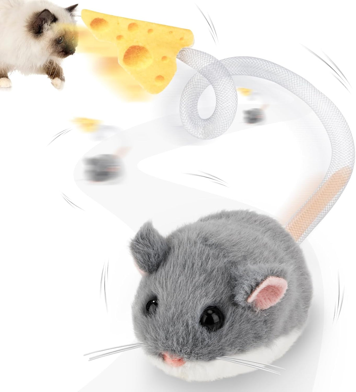 Migipaws Interactive MigiMouse Cat Toy 360° Rolling & Spin with Mesh Plastic Tail for Indoor Cats Smart Motion Sensor, R