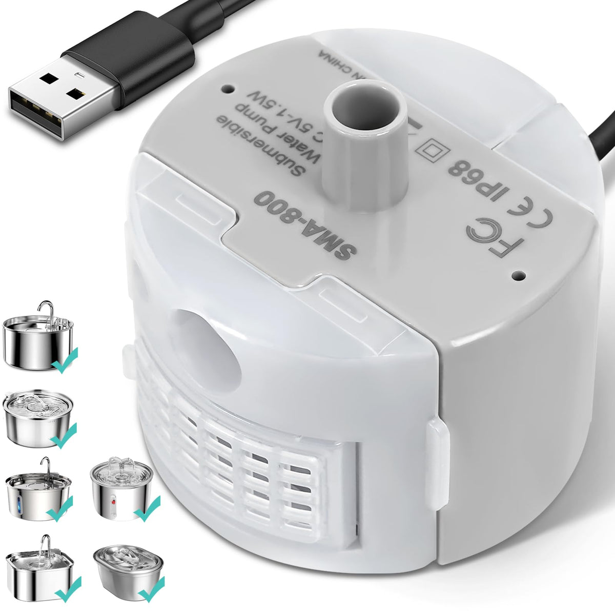 Ultra-Quiet Replacement Pump for Stainless Steel Cat Water Fountains - SMA-800 Motor - Safe and Easy to Clean with Low Voltage DC 5V and USB Cable (Pump) (Side Pump)