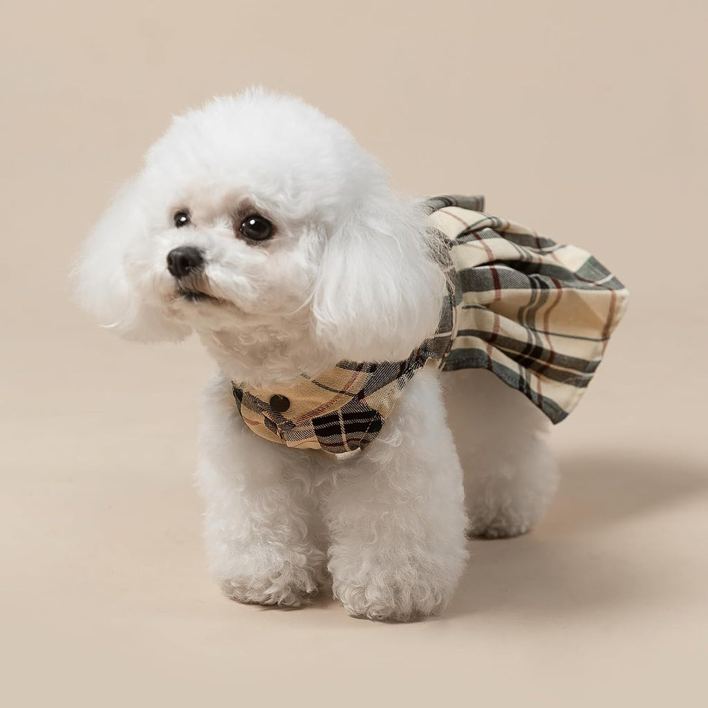 PUPTECK Classic Beige Plaid Dog Dress with Bow Puppy Skirt Clothes S