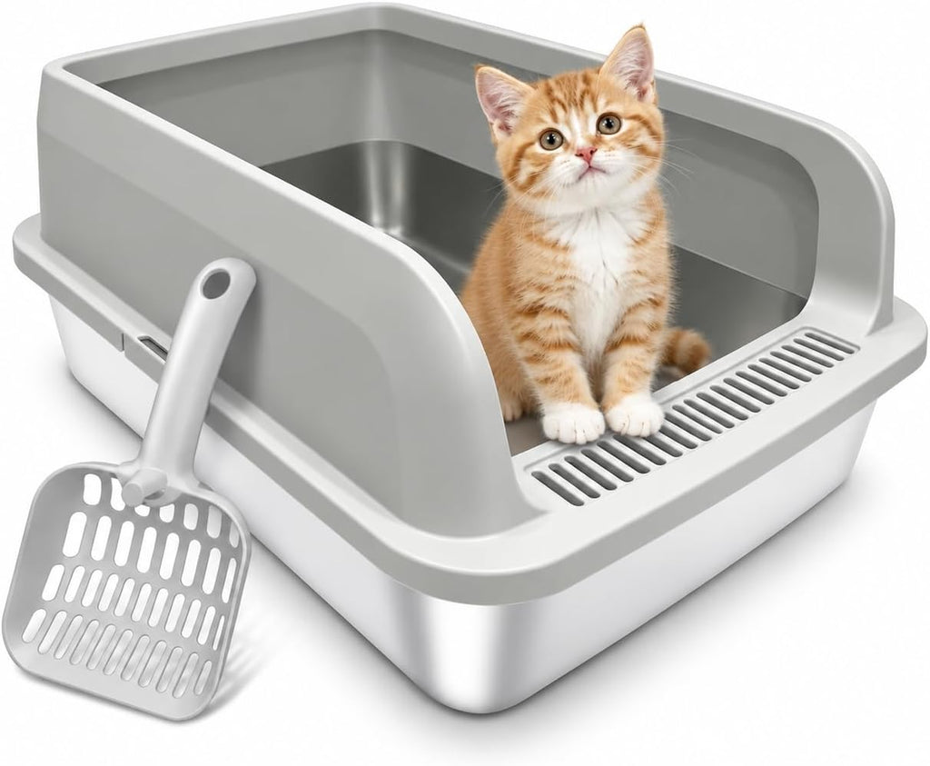 Stainless Steel Cat Litter Box - High Side Pan with Anti-Tracking Step,Rolled Edge & Leak-Proof Base,Cover,Scoop,Anti-Sl