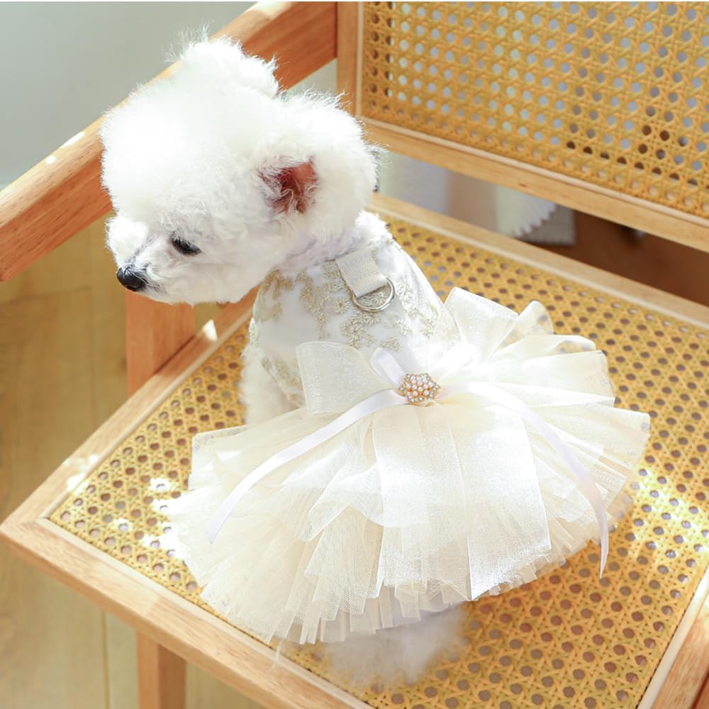 Fancy Dog Dresses with Leash Ring, Embroidered Dog Wedding Dress, Bow Puppy Clothes for Small pet Girl Multi-Layer Lace 