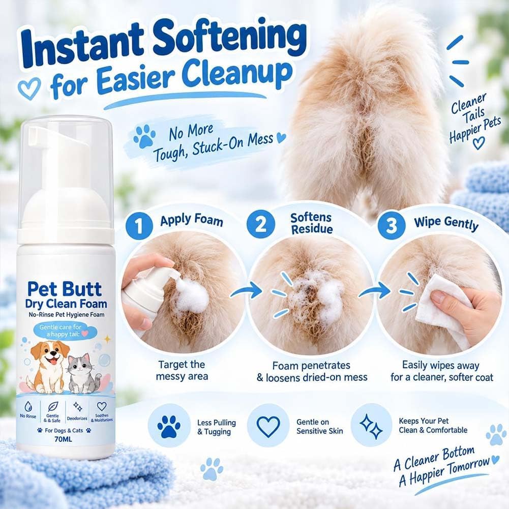 Pet Butt Dry Clean Foam for Dogs & Cats, Gentle Care & Cleansing