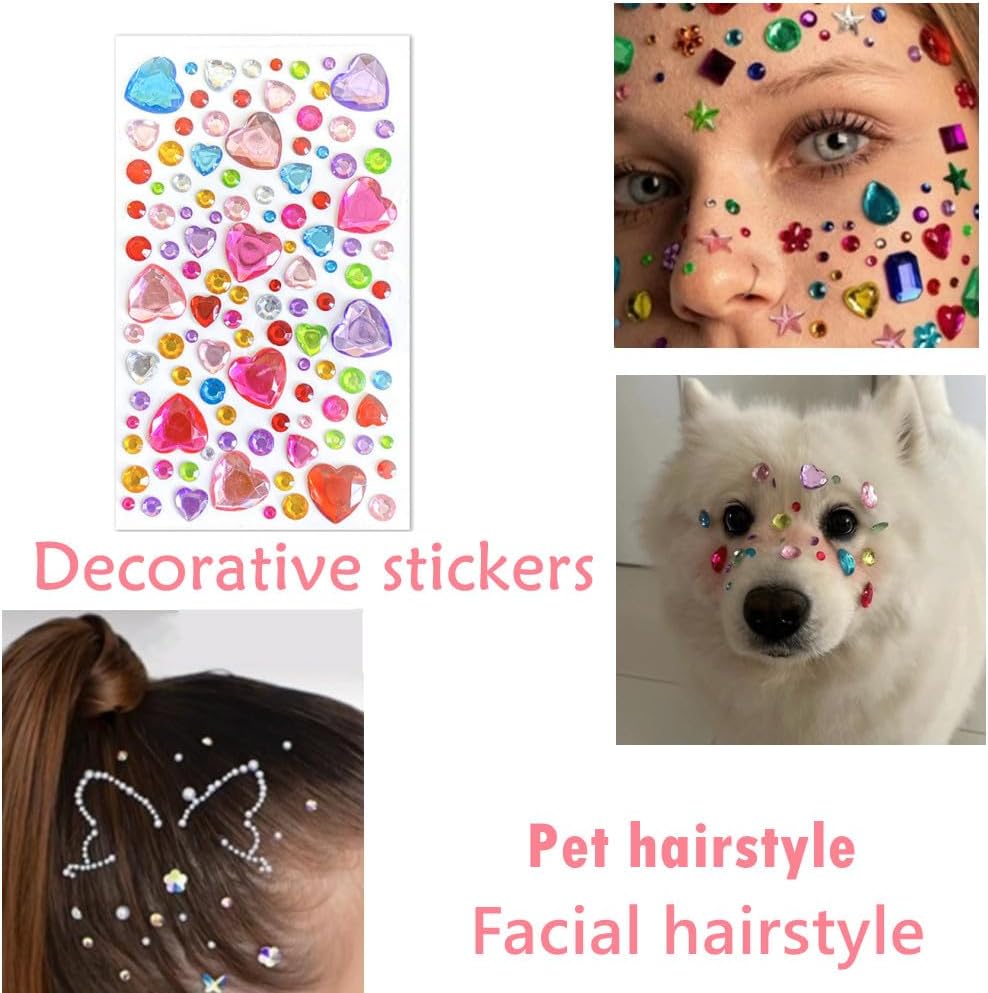 10 Sheets Pet Grooming Decorative Hair Diamond Sticker, Dazzling Gems Rhinestones DIY Sticker for Puppy Kitten Grooming,