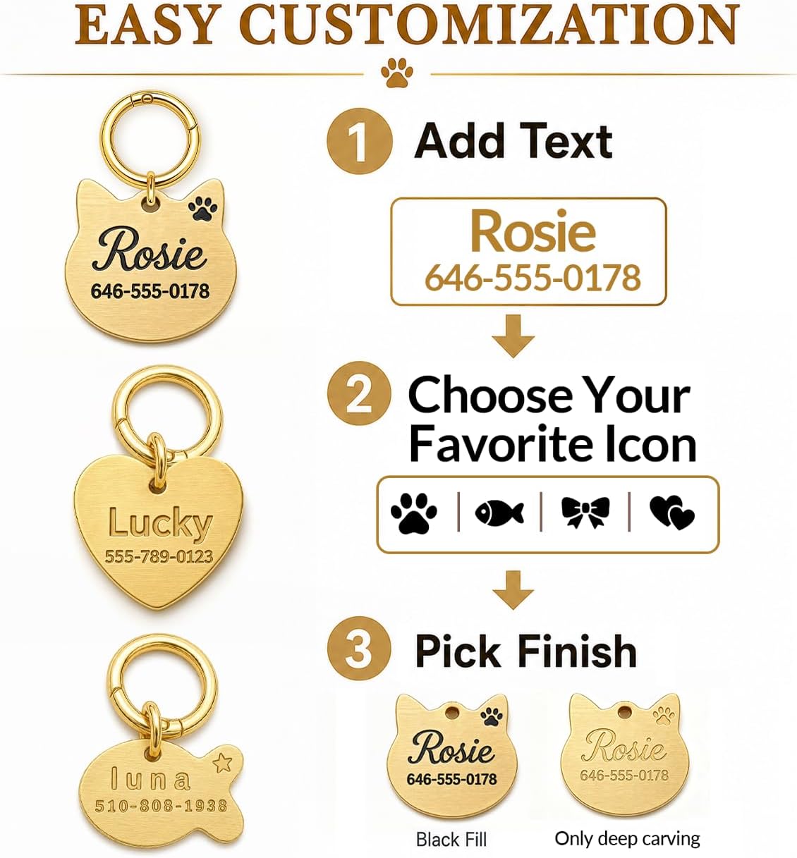 Personalized Cat Tag, Solid Brass Cat ID Tag, Deep Engraved Pet Name Tag
