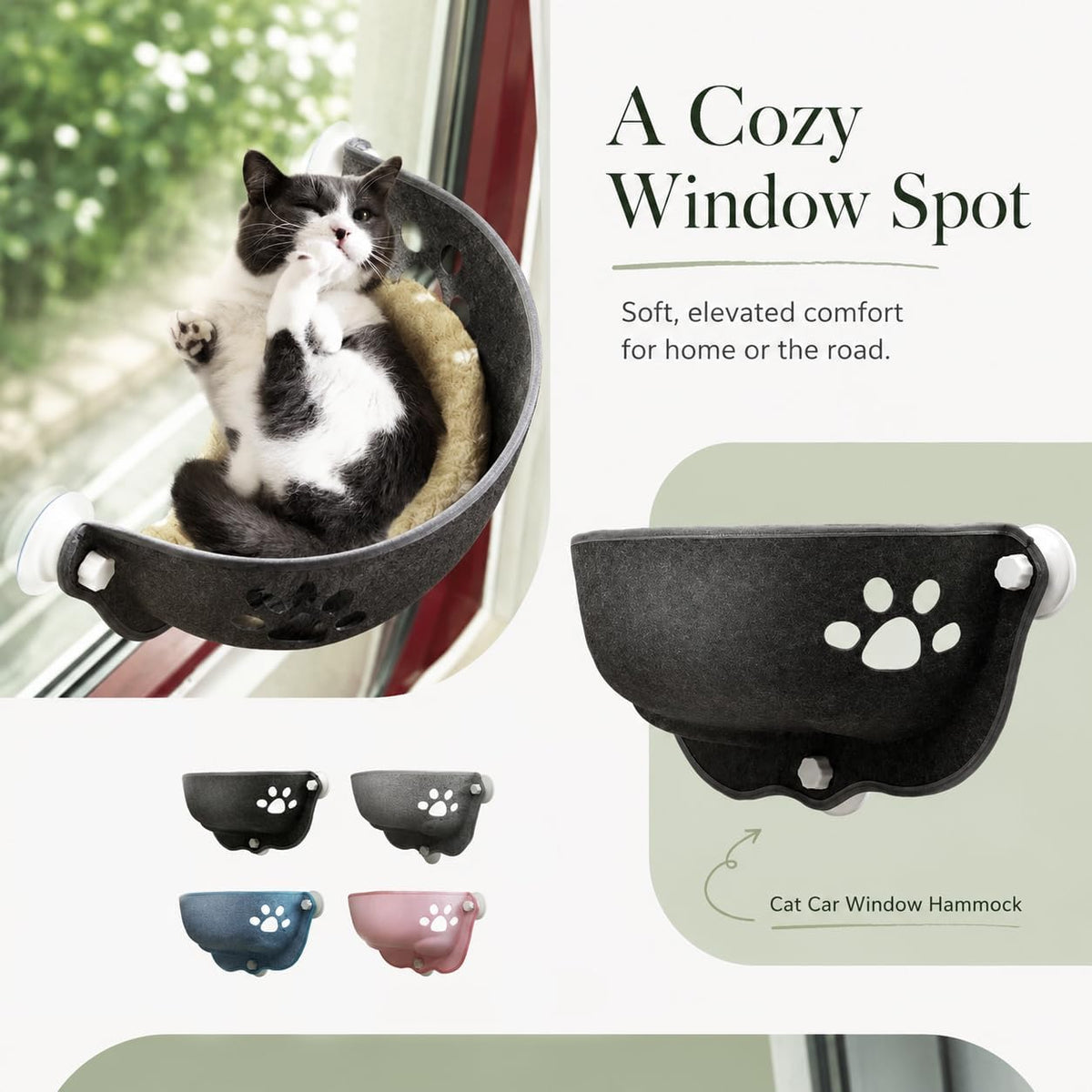 Cat Car Window Hammock with Soft Pad,Cat Window Seat,Cozy Resting,Gray L