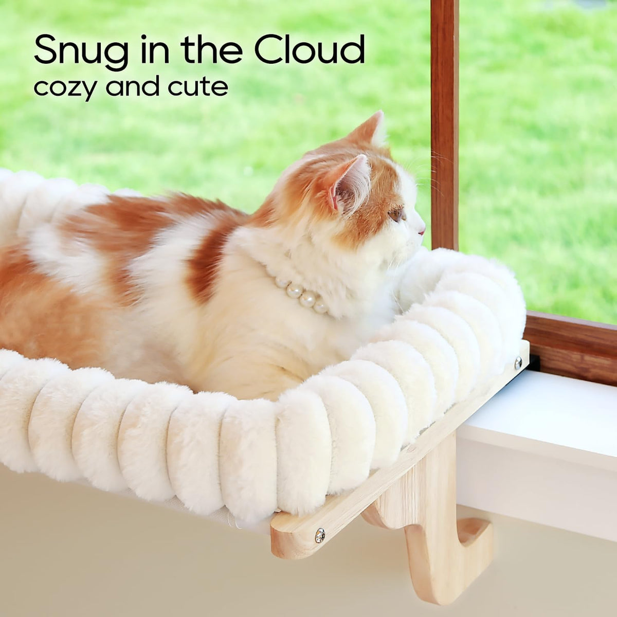 Zakkart SnugCloud Cat Perch for Windowsill (Natural Wood/Cream White, M)