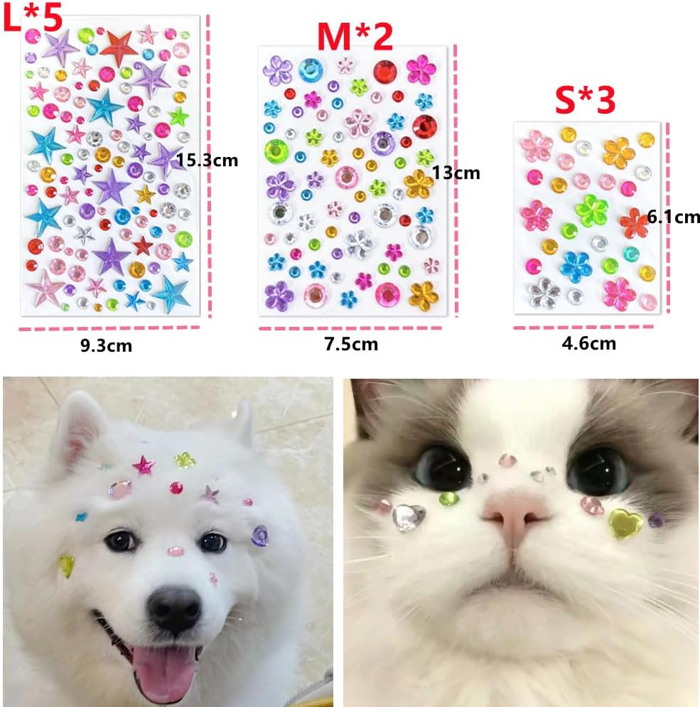 10 Sheets Pet Grooming Decorative Hair Diamond Sticker, Dazzling Gems Rhinestones DIY Sticker for Puppy Kitten Grooming,