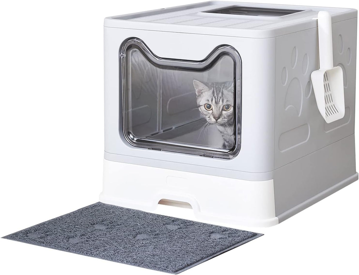 Cat Litter Box with Litter Mat and Scoop (Grey)
