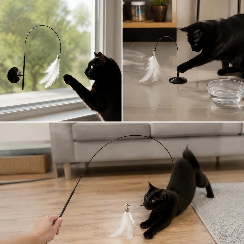 Cat Teaser , Interactive Feather Toy , Press-handle Single Black Feather