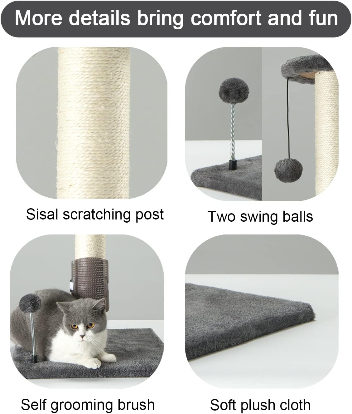 PEEKAB 32" Tall Cat Scratching Post Sisal Scratch Posts,with Hanging Ball and Self-Massage Brush Vertical Scratcher for 