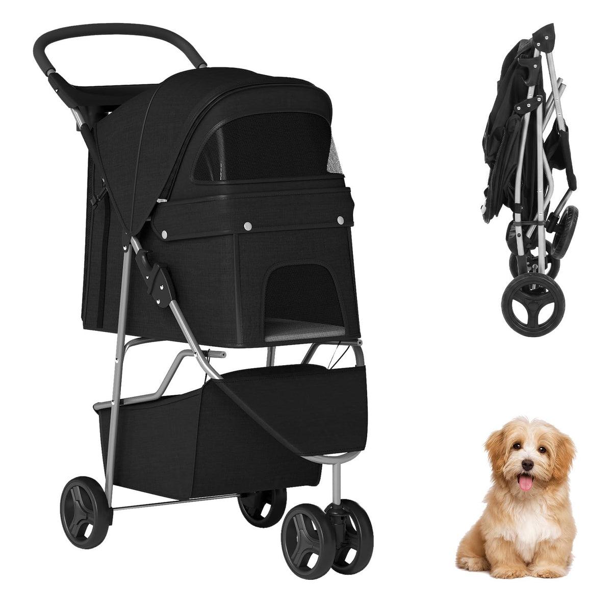 NChanmar 3-Wheel Pet Stroller Foldable Dog and Cat Stroller Black