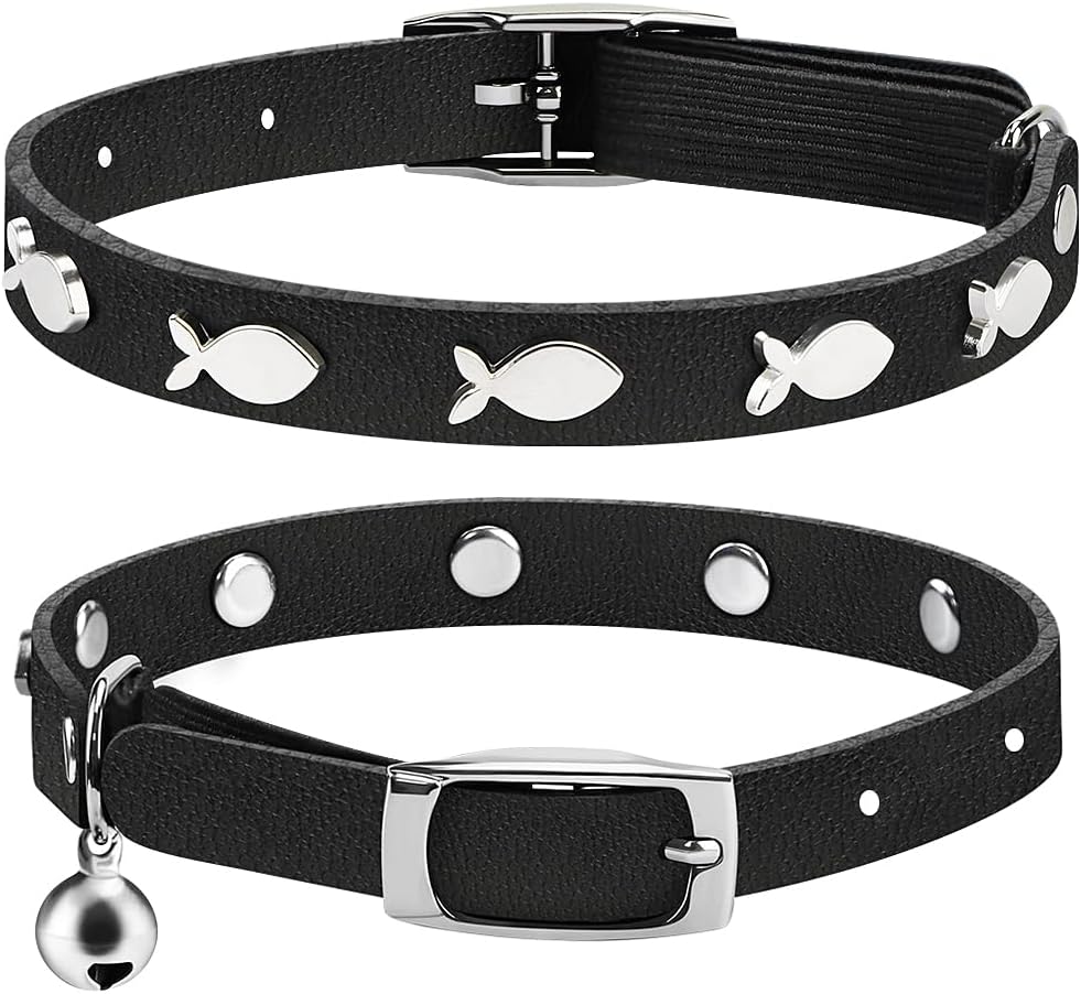 Joansan Leather Cat Collars, Elastic Strap Safety Collars Fish 2-Pack