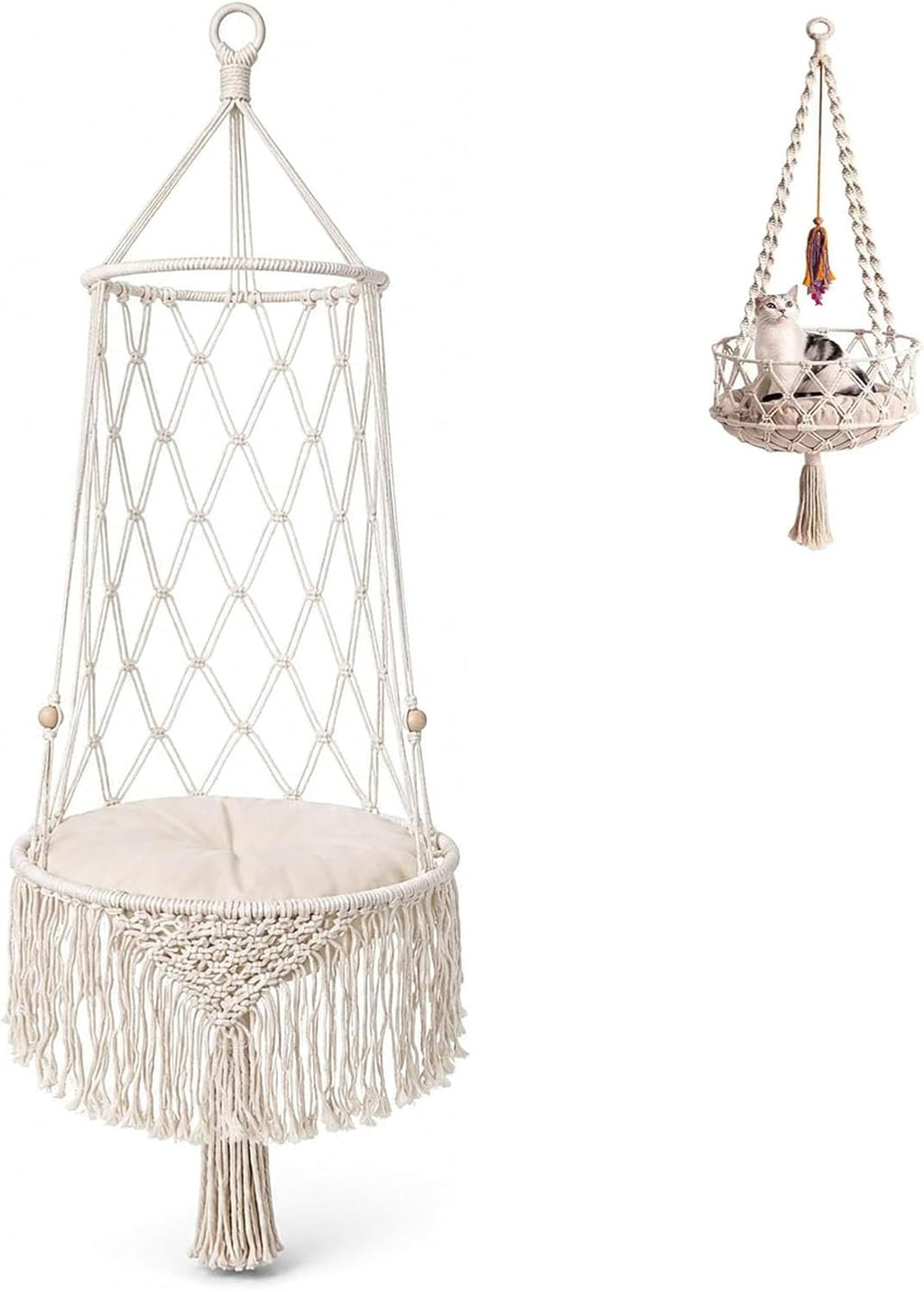 Macrame Cat Bed Hanging, Boho Hammock with Cushion for Indoor Cats (C,Diameter 50 cm)