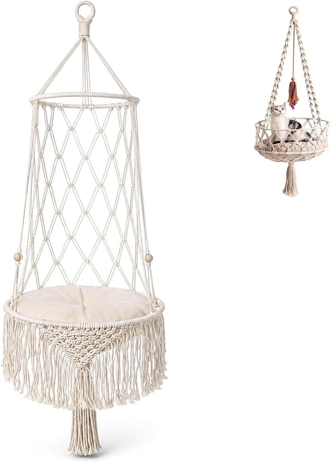 Macrame Cat Bed Hanging, Boho Hammock with Cushion for Indoor Cats (C,Diameter 50 cm)