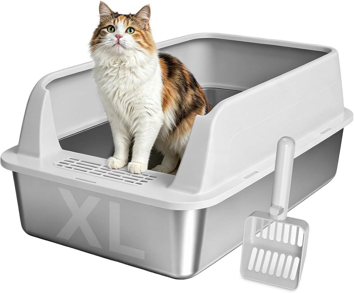 AIPERRO Stainless Steel Litter Box with Lid | XL Metal Enclosed Cat Litter Boxes with High Sided for Big Cats | Anti-Uri