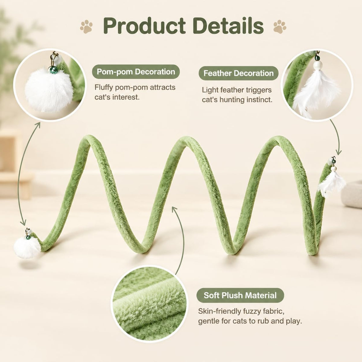 Shapeable Bendable Plush Spiral Cat Tunnel Toy with Bell & Feather 28*12in