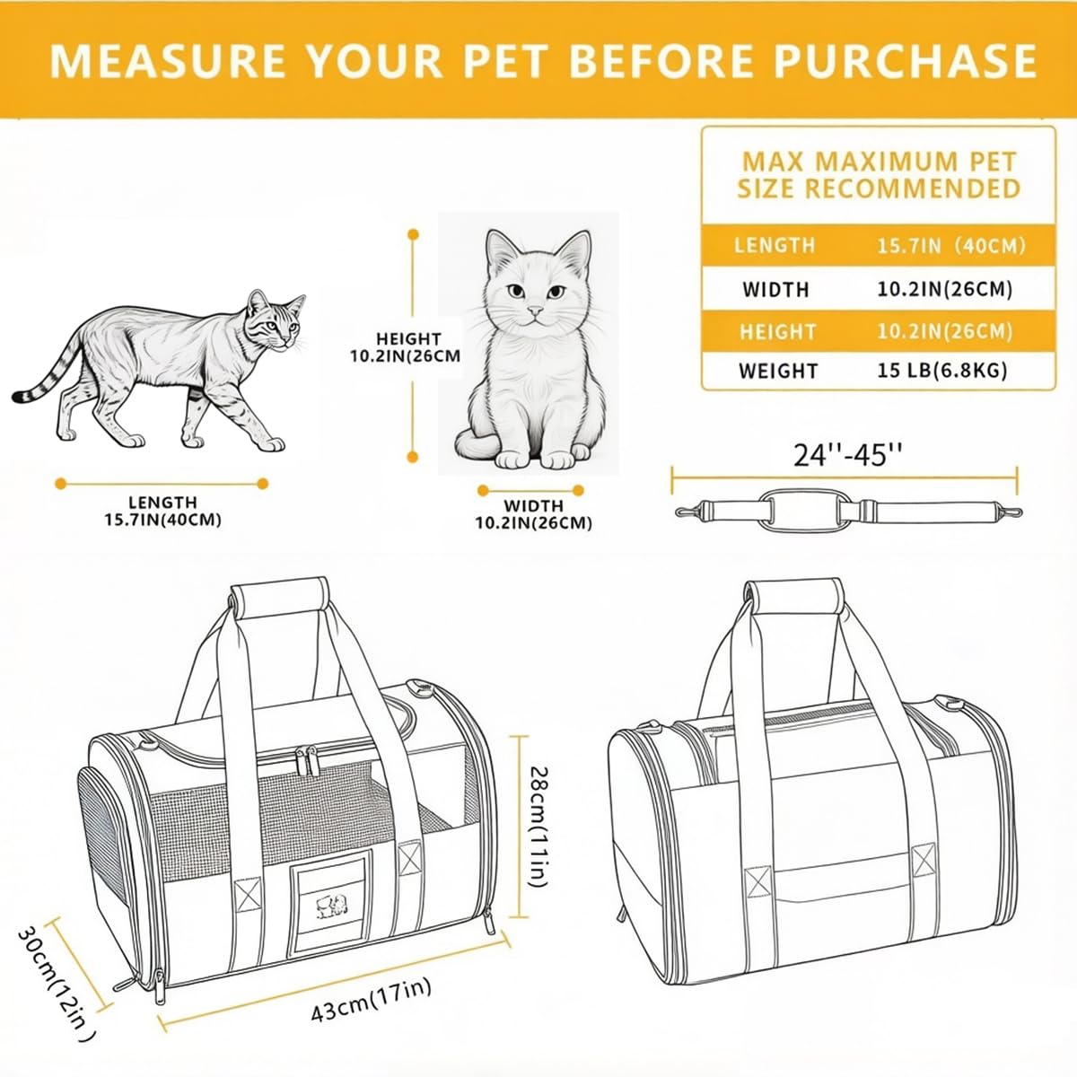 SECLATO Cat Carrier Pet Dog Carrier Airline Approved for Puppy Cat Carrier Under 15 lbs, Collapsible Soft Sided Airline Approved Cat Carriers, Grey