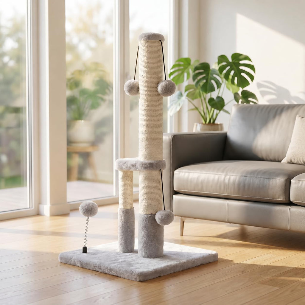 Dimaka Tall Cat Scratching Post, Double Lower Posts Extra Stable Cat Post Tree Scratcher with Sisal Rope and Teasing 4 B