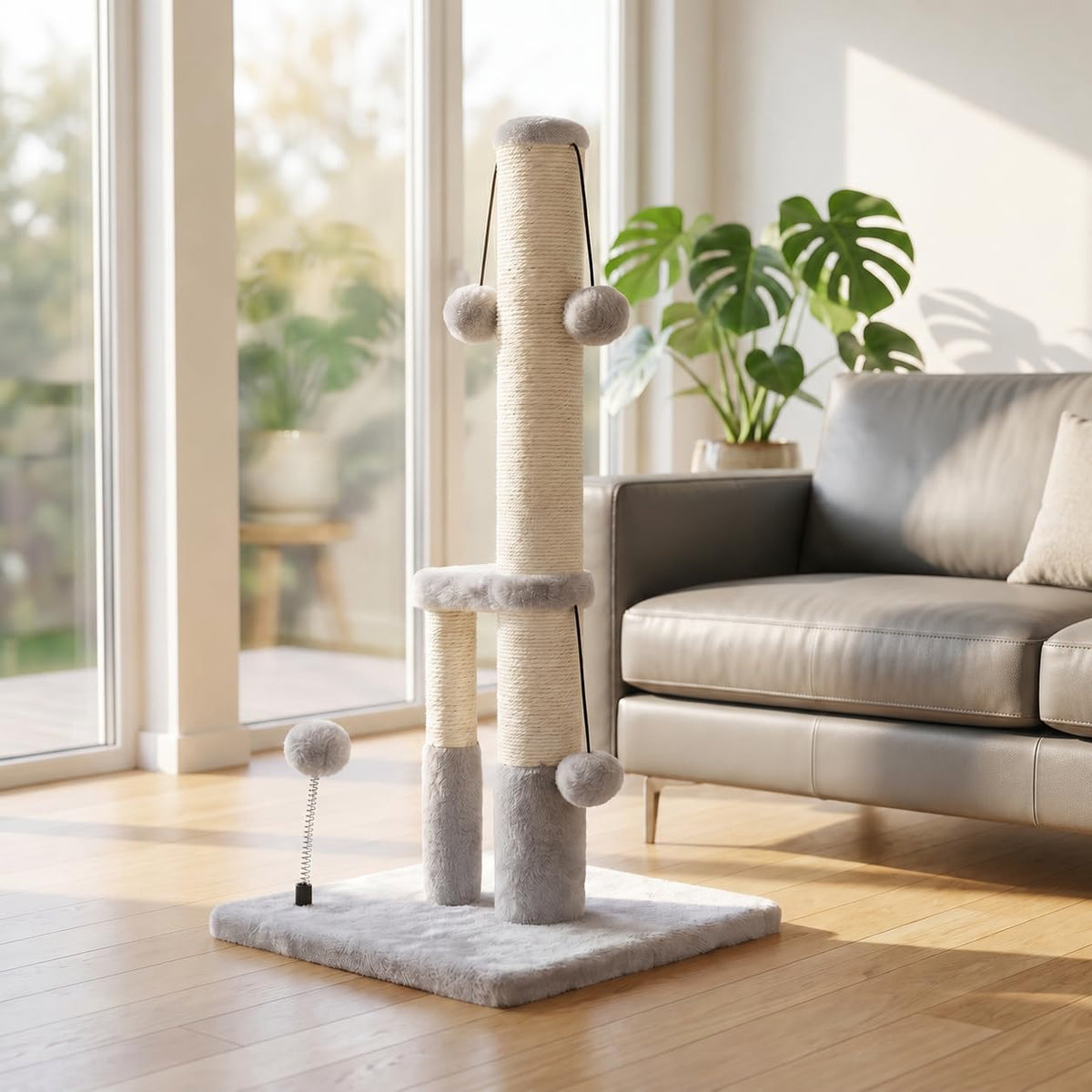 Dimaka Tall Cat Scratching Post, Double Lower Posts Extra Stable Cat Post Tree Scratcher with Sisal Rope and Teasing 4 B