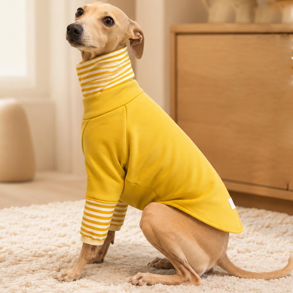 Polyester Dog Turtleneck Shirt, Yellow Contrast Stripe Slim Fit Pet Warm Base Layer Clothes, Soft Stretch Pullover Appar