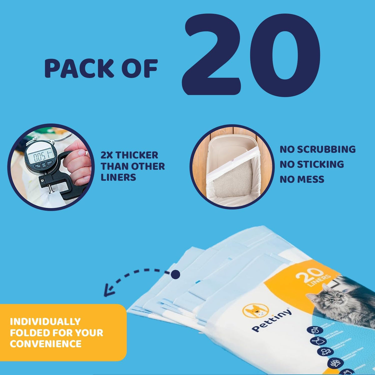 Pettiny 20 Cat Litter Box Liners with Drawstrings - Scratch Resistant Cat Litter Bags for a Medium and Large Litter Pan