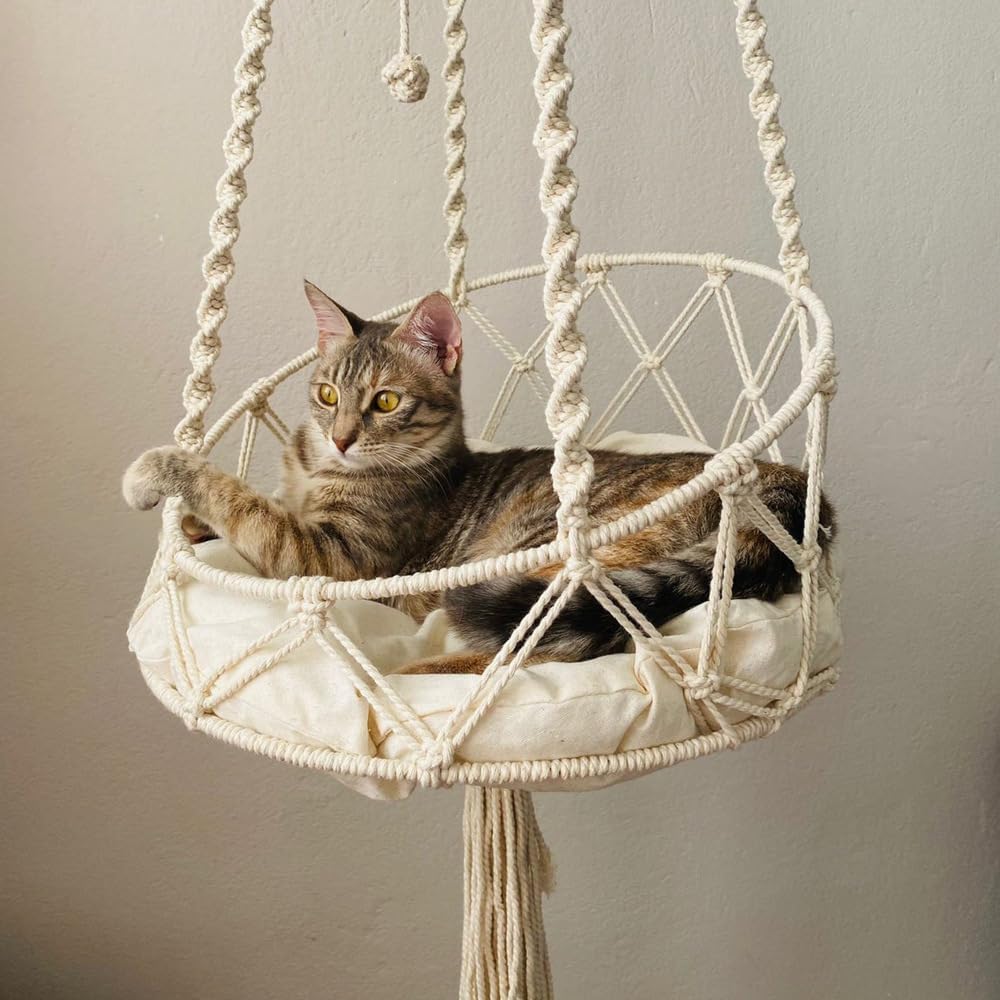 Macrame Cat Bed Hanging, Boho Hammock with Cushion for Indoor Cats (C,Diameter 50 cm)
