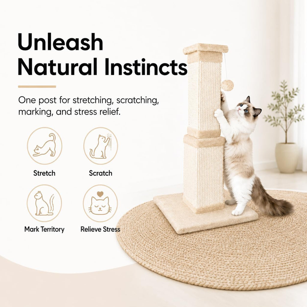 Cat Scratching Post for Indoor Cats, 32Inch Sisal Cat Scratcher, Beige