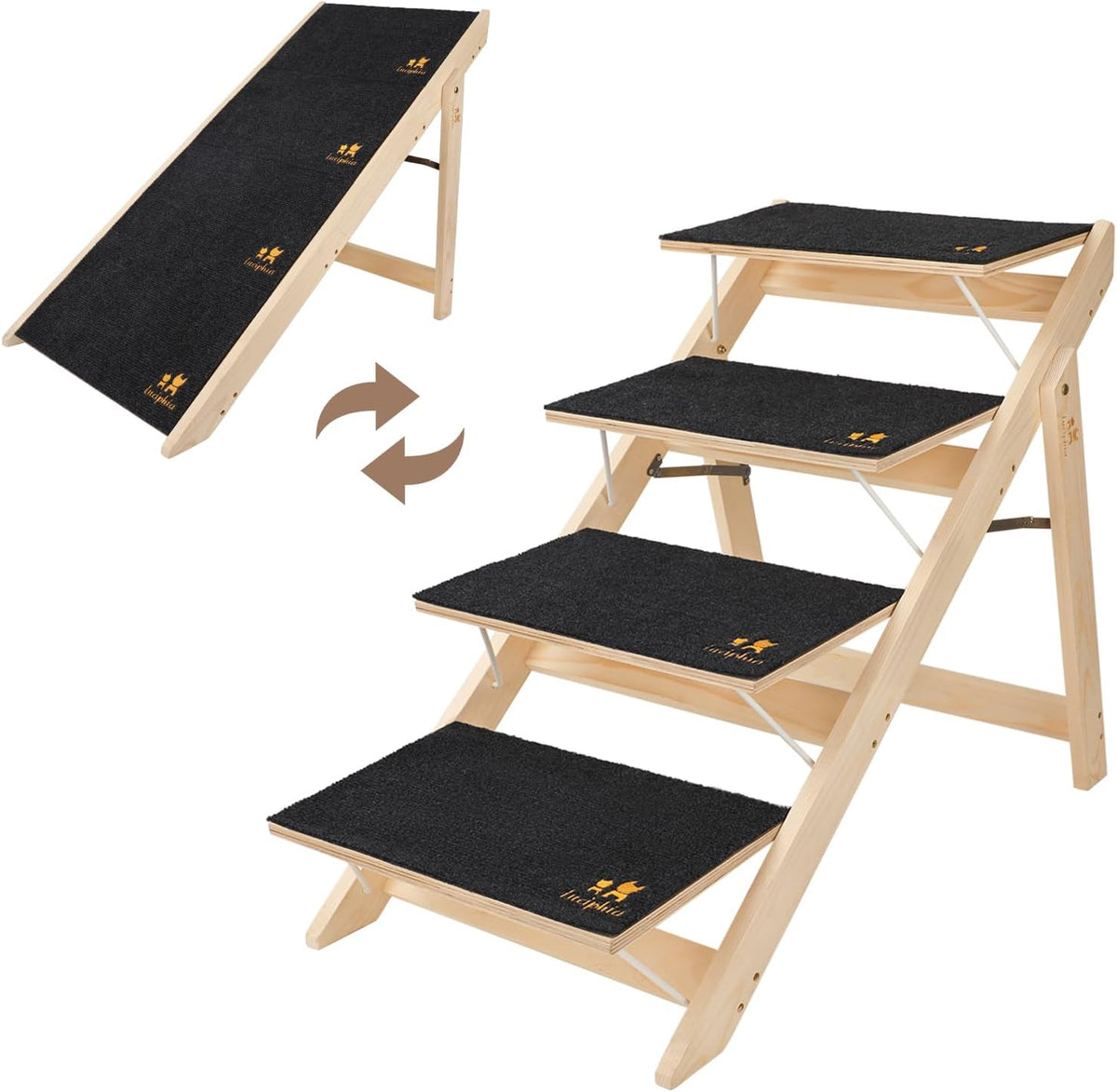 Luciphia Wooden 2-in-1 Dog Stairs, 4-Step Foldable Anti-Slip Pet Steps