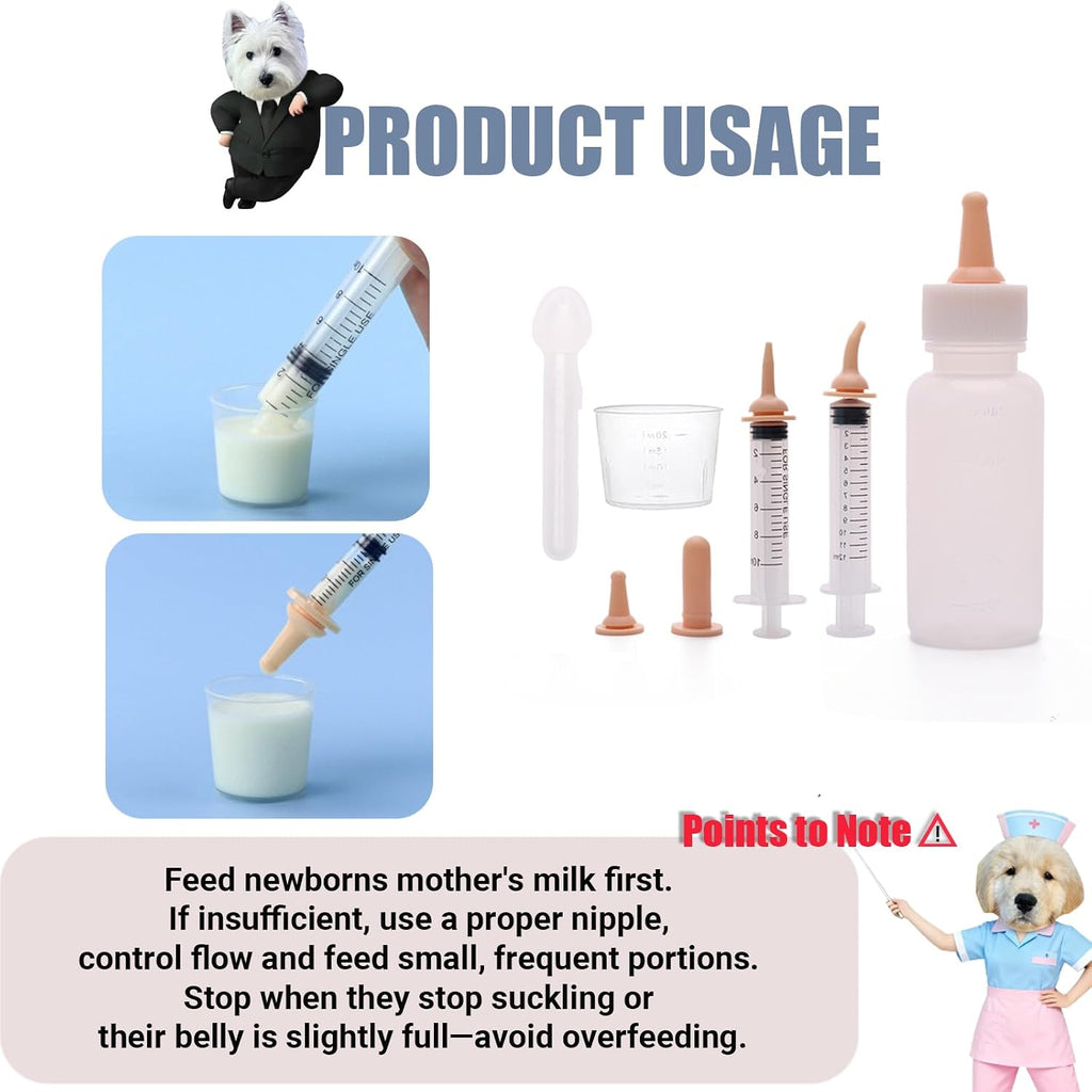 Newborn Pet Feeding Kit, Kitten Bottle Feeding Set with Nursing Nipples, Portable Storage, Emergency Ready, Replaceable 