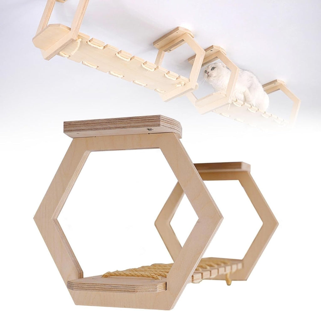 Wooden Ceiling Mounted Cat Bridge, DIY Cat Wall Shelves with Rope Walkway
