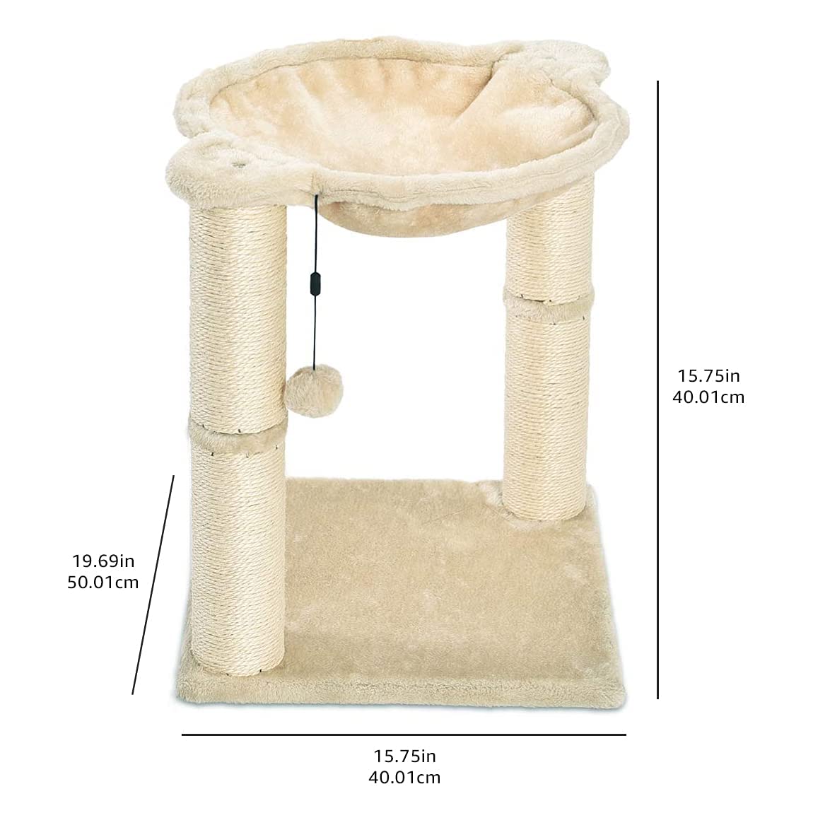 Amazon Basics Cat Tower with Hammock Bed and Scratching Post for Indoor Cats, Easy to Assemble, Interactive Hanging Ball, 15.8" x 15.8" x 19.7", Beige